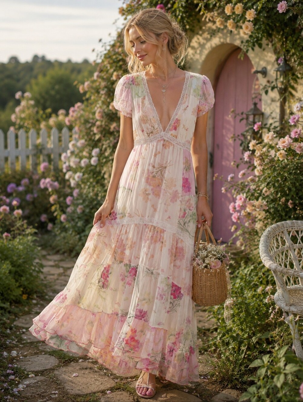 LoveShackFancy Roupell Dress Floral Pink Butter Yellow Green 2 V-Neck Maxi Dress